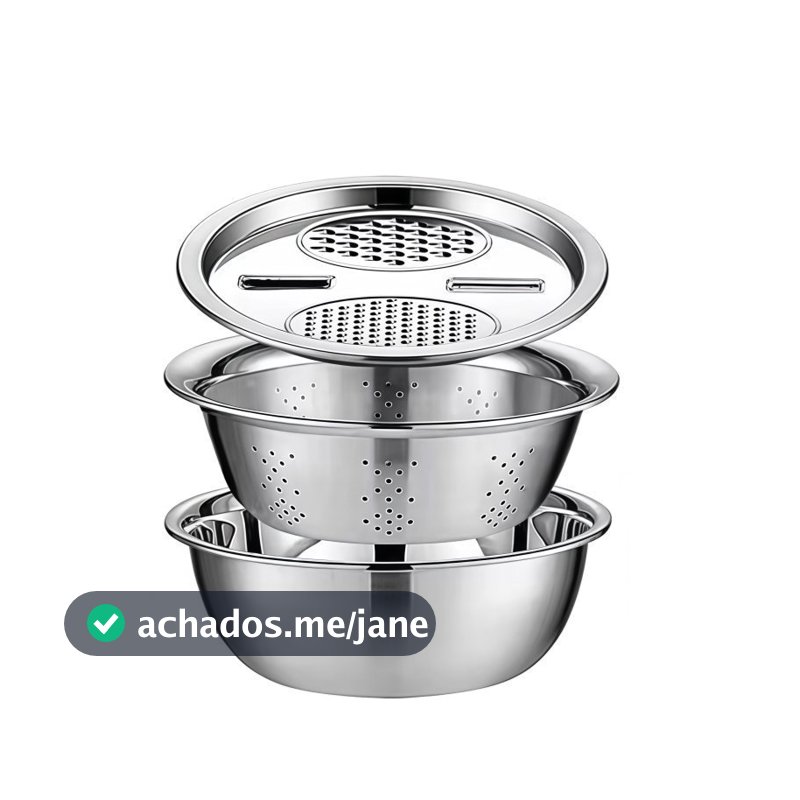 Kit 3 Em 1 Ralador 4 Laminas, Escorredor para Macarrão, Tigela 24cm / 26cm Inox Aço Inoxidável
