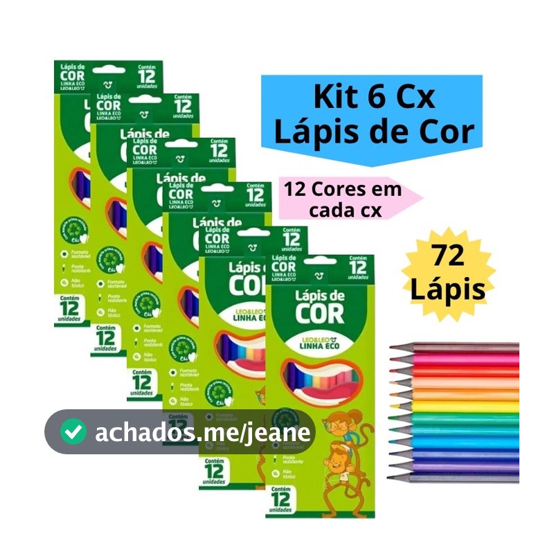 Kit 6 Caixas de Lápis de Cor Caixa com 12 Cores Escolar Sextavado Leo&Leo