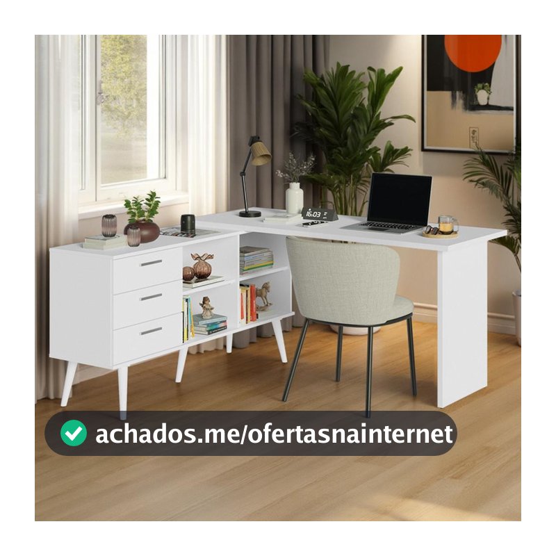 Mesa de Estudos em L 3 Gavetas Branco Lisboa Madesa