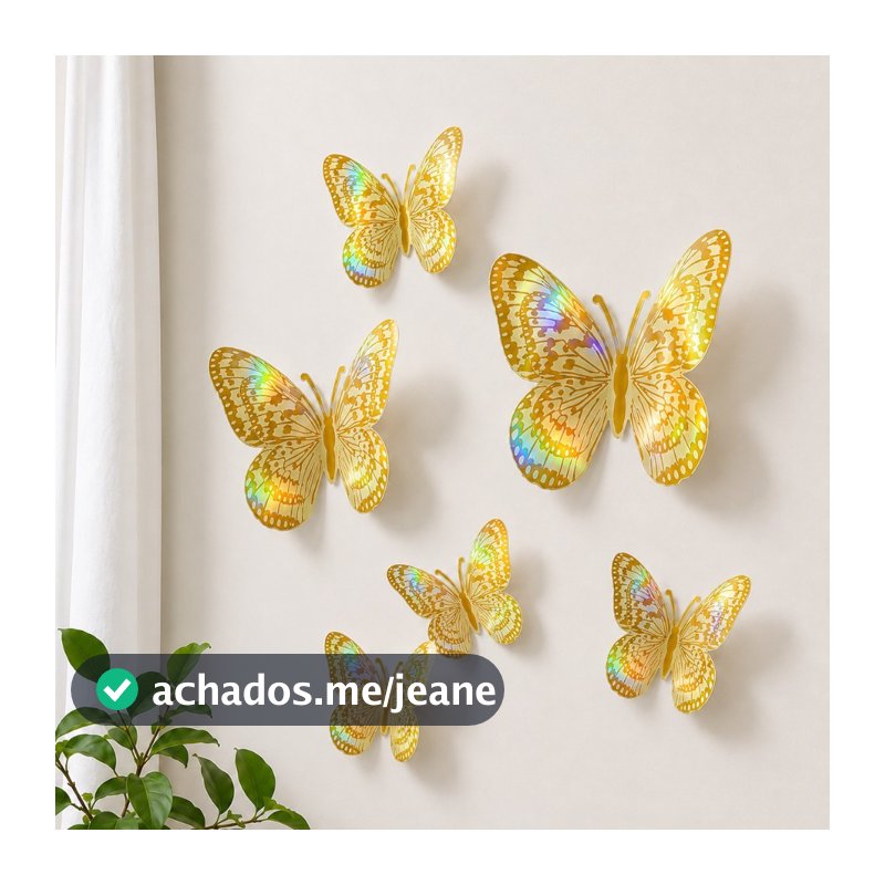 12 Borboletas holográfico 3D Decorativas Adesivas Decoração Parede Enfeite Arranjo Dourada
