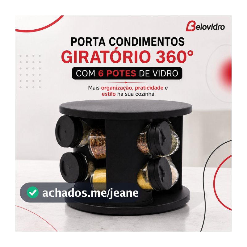 Porta Condimentos Giratório 360° com 6 Potes de Vidro – Organizador de Temperos Cozinha Preto