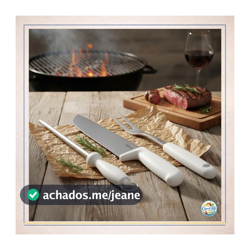 Kit Churrasco Faca Garfo Chaira Amolador Aço Inox Jogo de Facas Profissional Churrasqueiro Cabo Branco