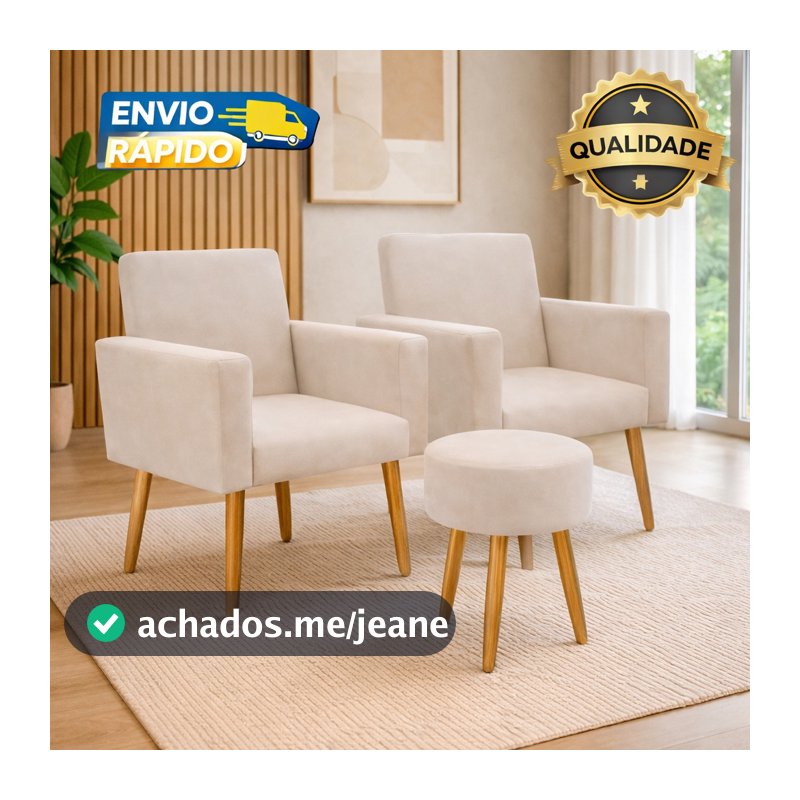 KIT 2 POLTRONAS NINA + PUFF DECORATIVO PARA SALA, ESCRITORIO, SALÃO
