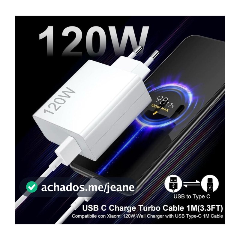 CARREGADOR RÁPIDO DE 120 W COM 6A USB C 1M