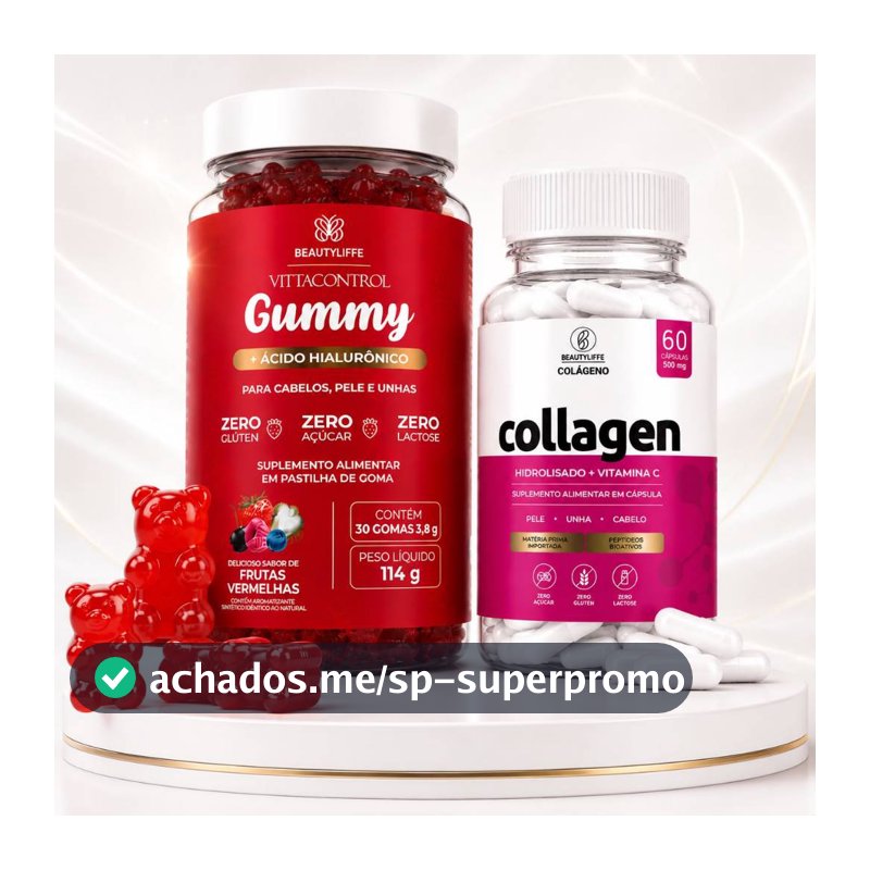 Goma de Vitamina Crescimento Capilar + Colageno Kit Completo Pele Unhas e Cabelo + Ácido Hialurônico