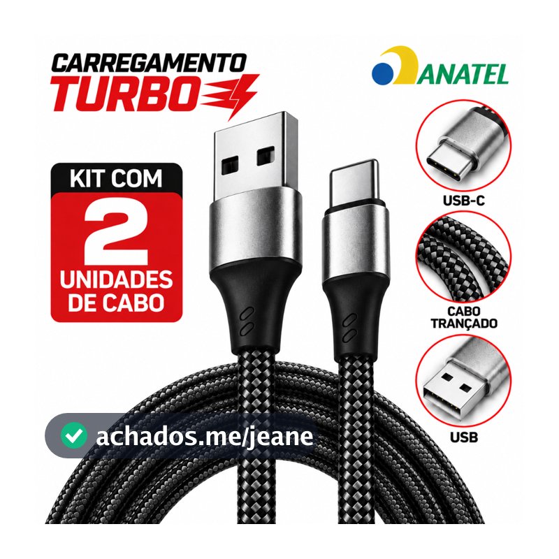 Kit 2 Cabos Carregador Tipo C 6A 120W Turbo 2 Metros Reforçado Premium Original