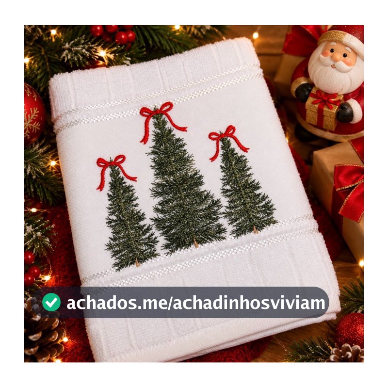 Toalha Bordada Árvore de Natal, Guirlanda e Meia de Natal Bordadas - ideal para decoração e presente - lavabo ou rosto