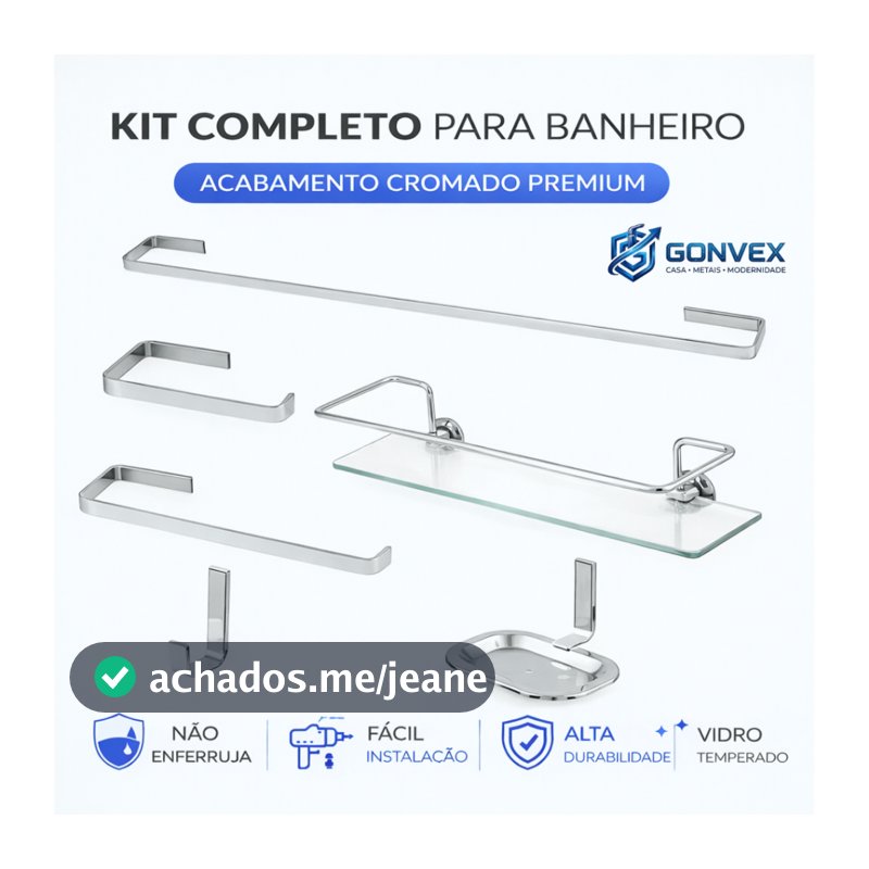 Kit Acessórios Quadrado 5 Peças + 1 Porta Shampoo Reto Inox e Alumínio Cromado Porta Toalhas Papeleira Saboneteira