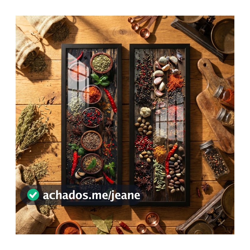 Kit 2 Quadros Decorativos Verticais 18x45 Temperos Cozinha Gourmet Rústico Moldura Vidro Sala Jantar