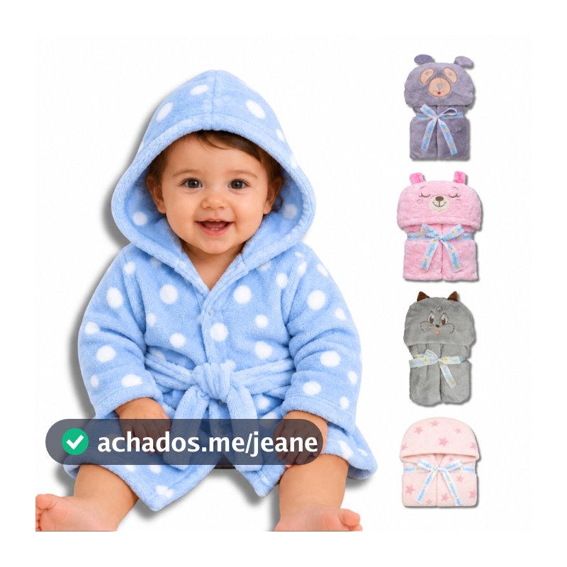 Roupão Bebê Microfibra Com Capuz Bichinho Pós Banho Praia Infantil 6 a 36 Meses Super Macio