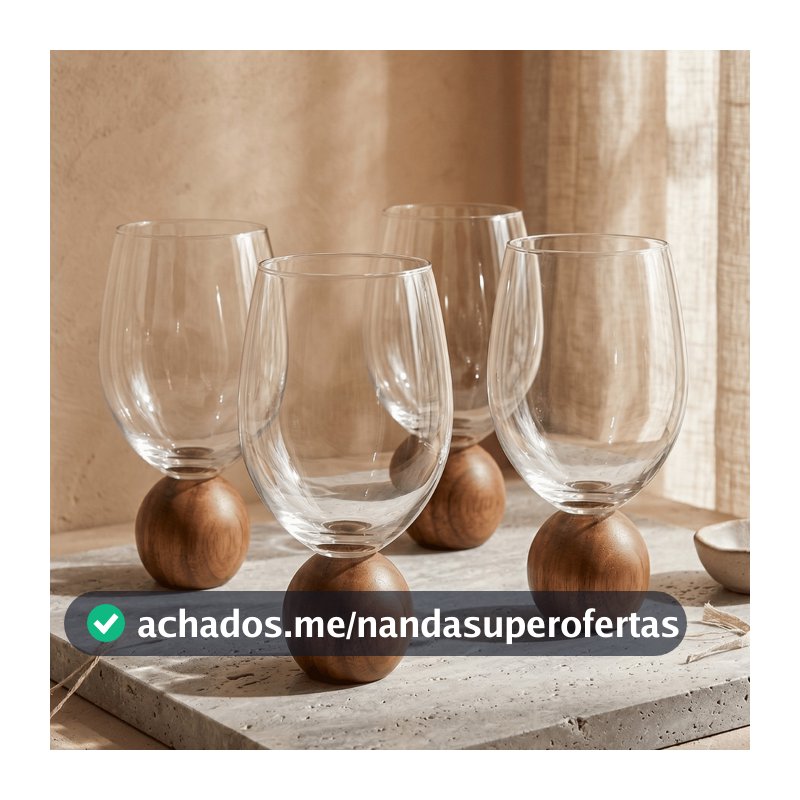 Jogo 4 Copos Mori em vidro bubble Esfera Bola madeira acácia 450ml Luxo Moderno Design Orgânico