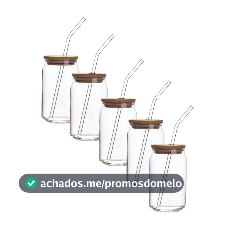Copo Lata  De Vidro 500ml Com Tampa De Bambu E Canudo De Vidro Para Drinks