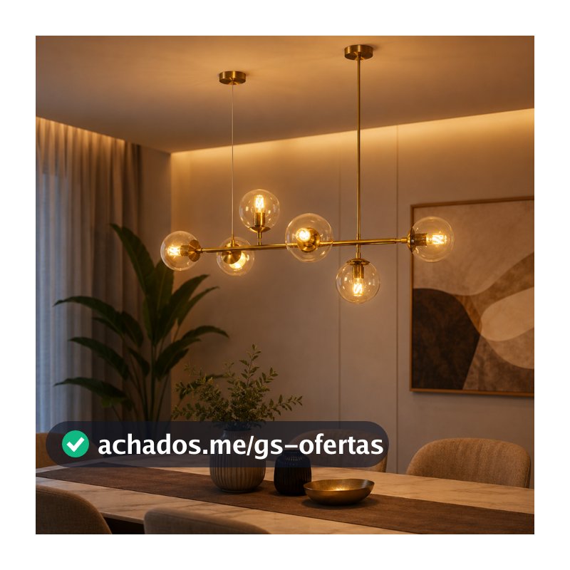 Lustre Pendente Jabuticaba Dourado Com 6 Bolas Globos Âmbar para Ilha Bancada Sala de Jantar Moderno Luxo INL85