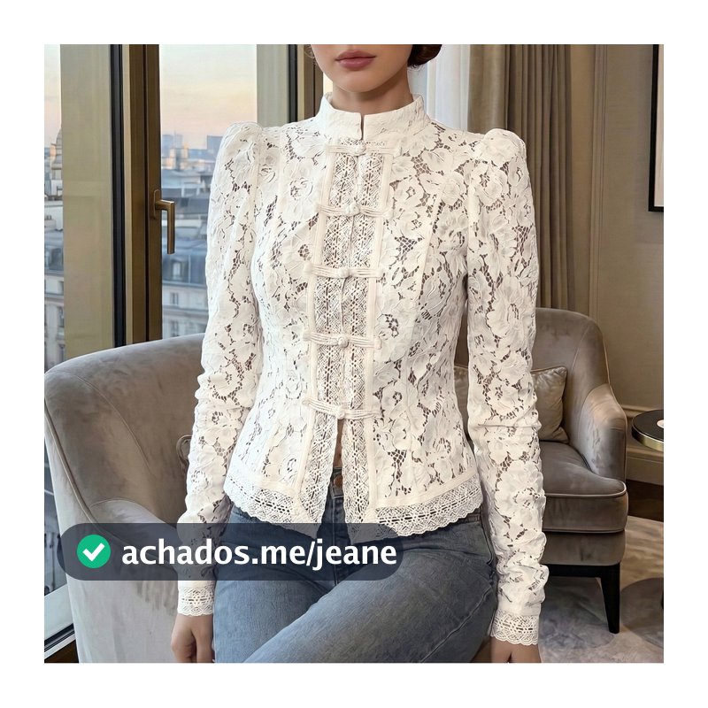 Novo Estilo Primavera Outono Renda Crochê Gola Alta Ajuste Fino Camisa Design Feminino Sentir