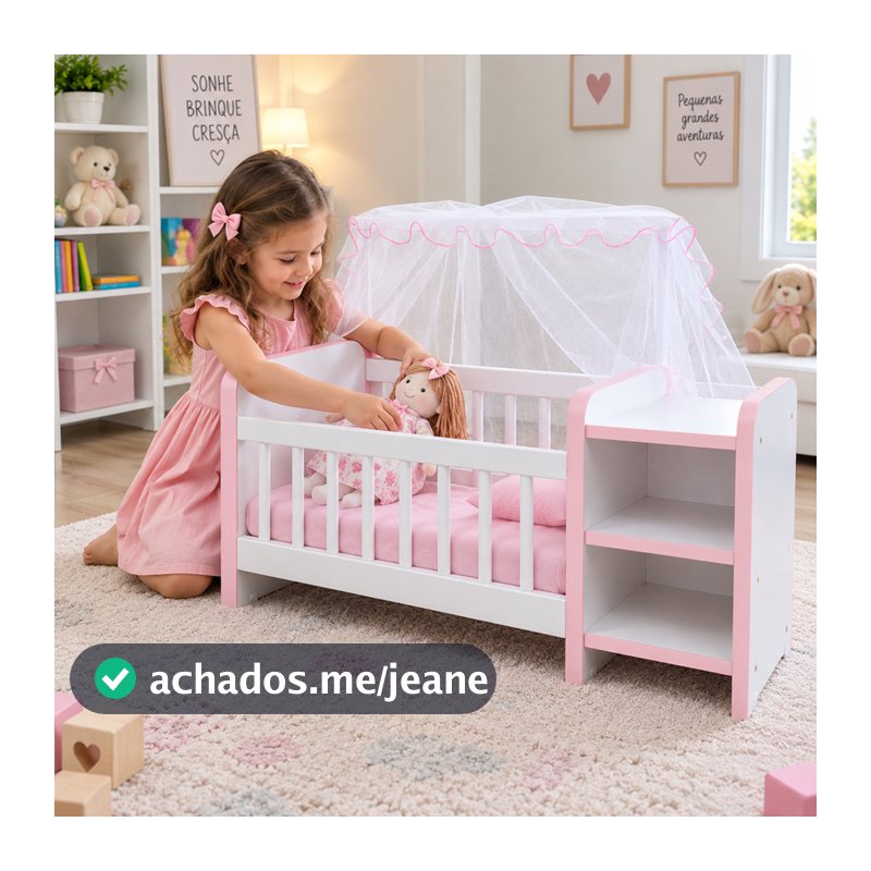 Berço de Boneca Infantil Reborn com Cômoda Colchão Mosquiteiro e Véu