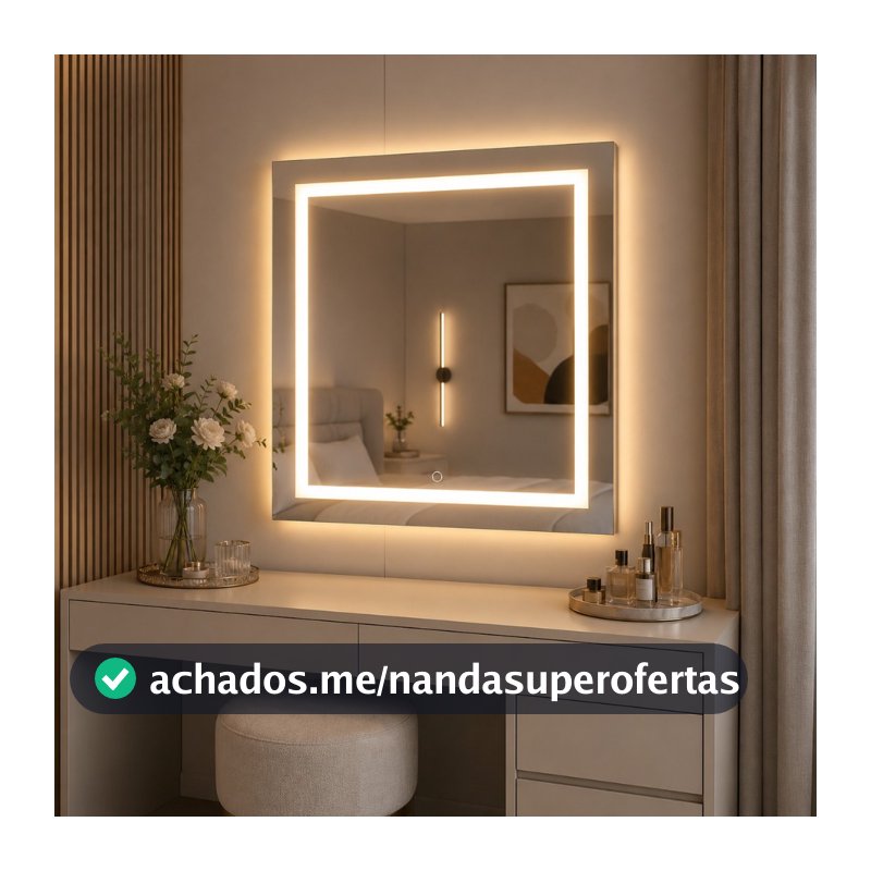 Espelho Led 80x80 Jateado Quadrado Luxo de Parede Com Botão Touch Led 3 Cores