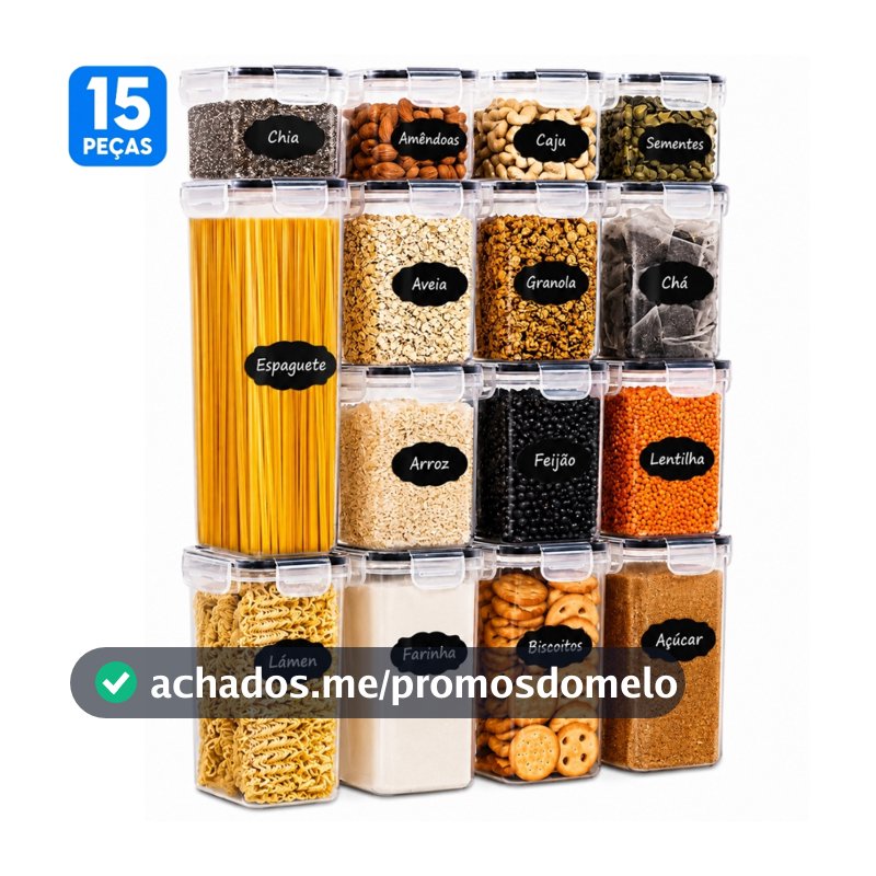 Kit 15 Potes Herméticos Organizadores de Mantimentos Plástico com Etiquetas Cozinha Despensa Empilhável