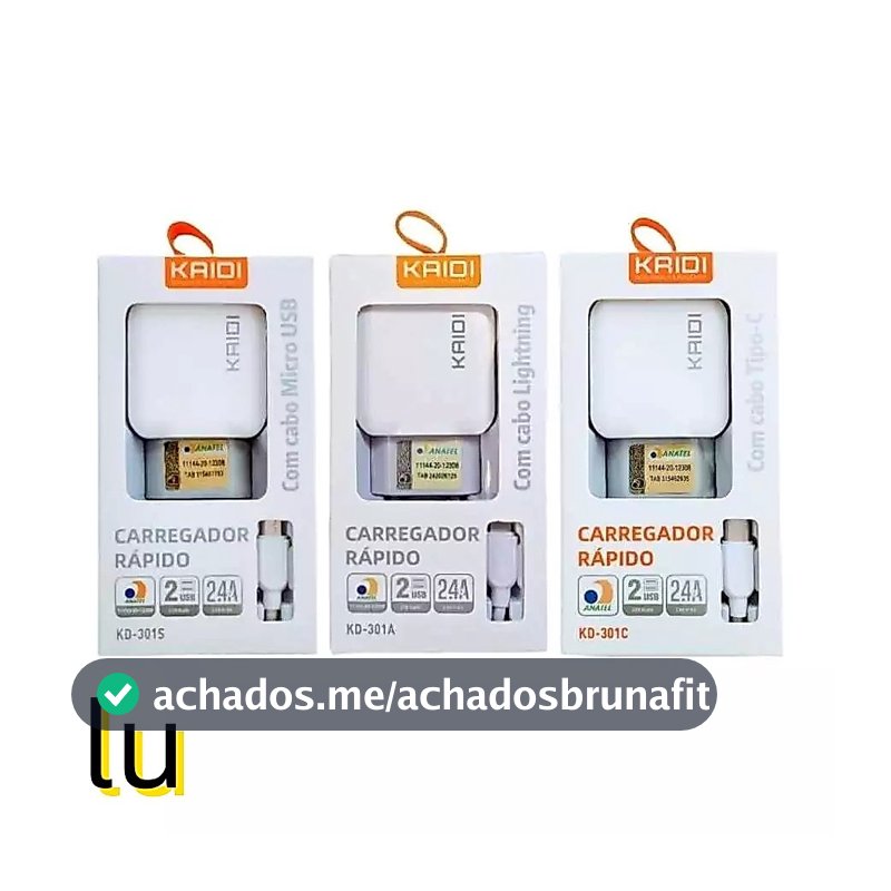 Carregador Turbo 2.4A USB×2 Com Cabo para Modelos V8/TYPE-C/IPHONE KAIDI KD-301 Original