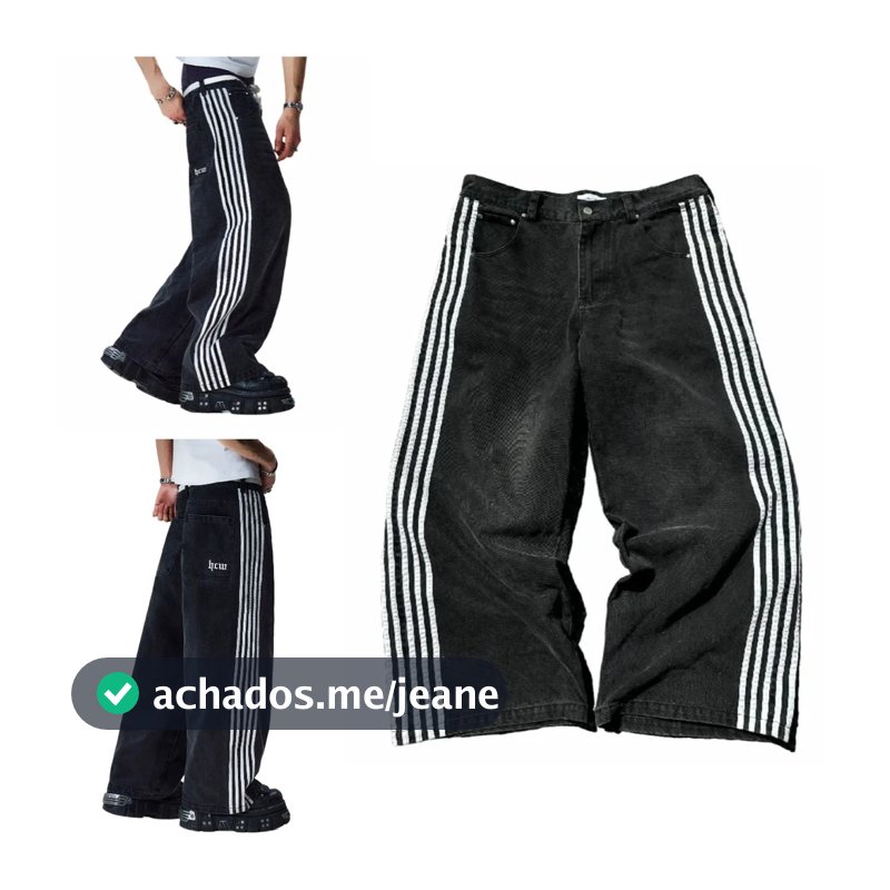 Calças De Brim Largas Harajuku Goth Y2k Jeans Para Homens Preto Listrado Novo Hip Hop Bordado Perna Larga High Street St