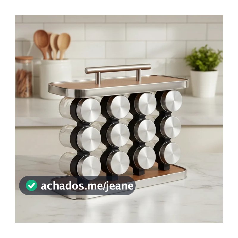 Porta Tempero Vertical Madeira Inox Com Alça 12 Potes Vidro Área Gourmet Cozinha Pronta Entrega