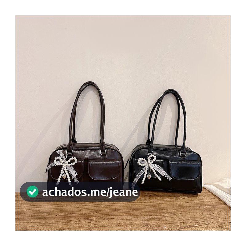 Pocket-Accent Boston Bag - Bolsa Tote de Couro PU com Fecho Magnético e Charme Destacável para mulheres