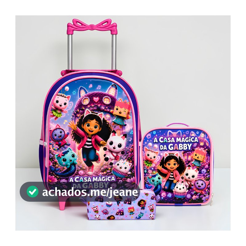 Kit Mochila de Rodinhas Menina Casa Mágica Da Gabby Lancheira Térmica com Estojo Completo