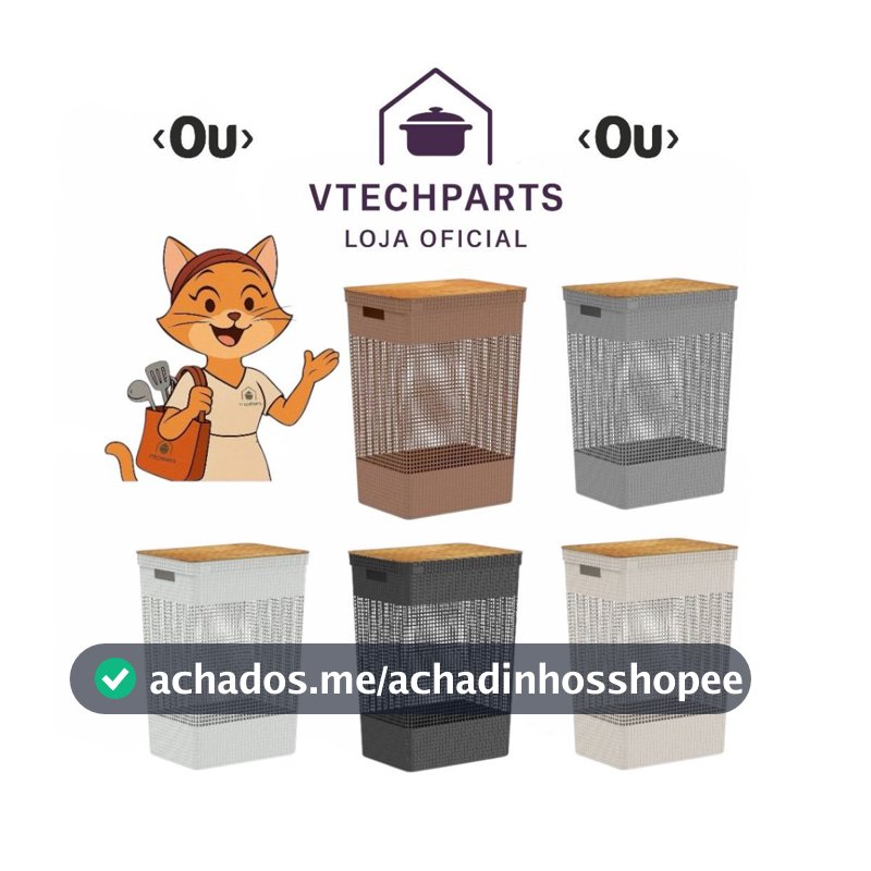 Cesto De Roupas OU Grid Com Tampa De Bambu 49 Litros 5 cores disponíveis