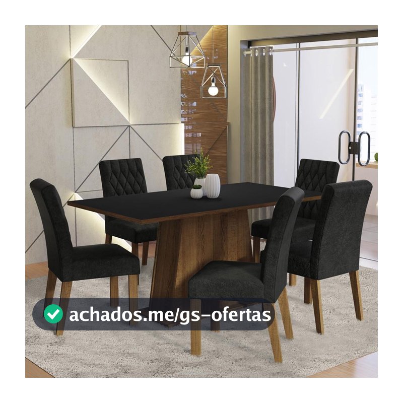 Conjunto Sala de Jantar Mesa Tampo de Madeira 6 Cadeiras Rustic/Preto/Oxford Britney Madesa