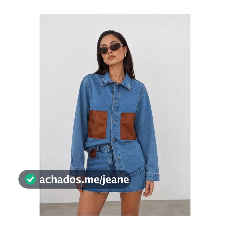 Conjunto Jeans Feminino Jaqueta Oversized e Saia Curta com Detalhes em Couro
