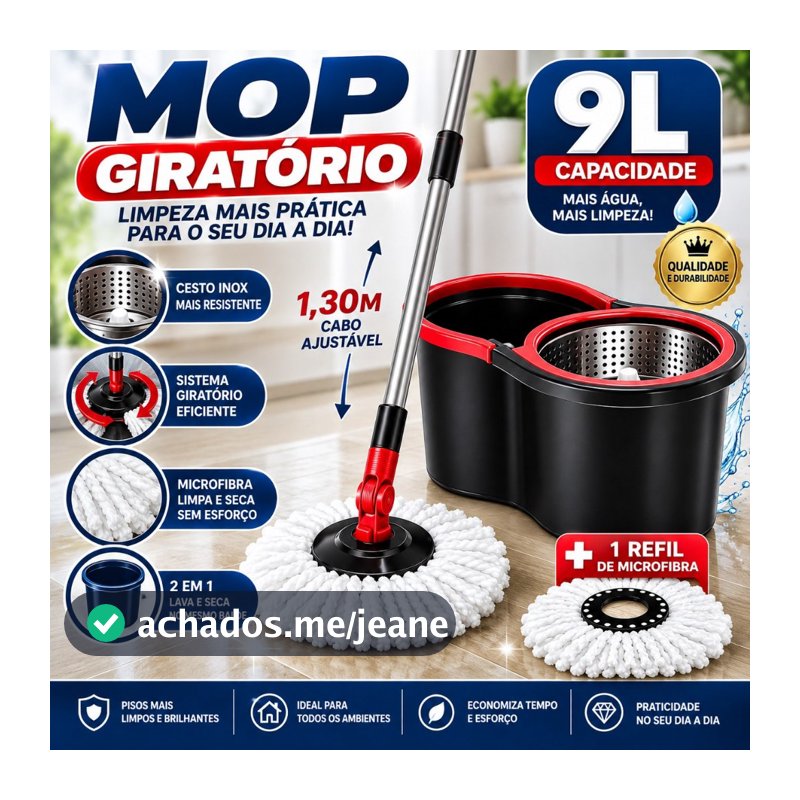Mop Giratório Inox 9L Completo com Balde Cesto Inox Cabo 1,30m 1 Refil Limpeza Prática mopi