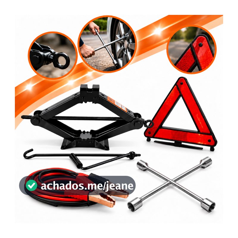 Kit Estepe Macaco Mecânico Sanfona 1,5T Universal + Chave Roda Em Aço + Triângulo Sinalização + Cabo Chupeta Aux. 1500Kg