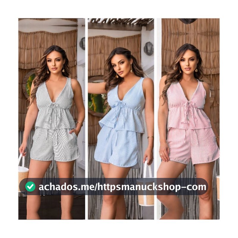 Conjunto Listrado feminino cropped babado amarrar short soltinho