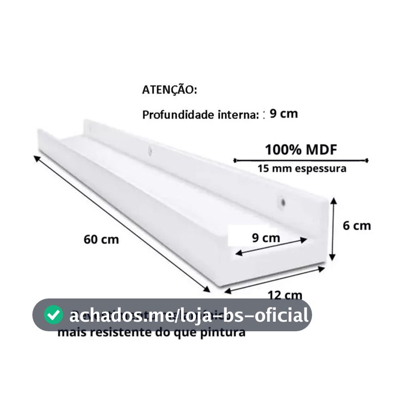 Prateleira Canaleta Calha Suspensa 12cm x 40/50 e 60 cm Porta Temperos, Livros, Fotos