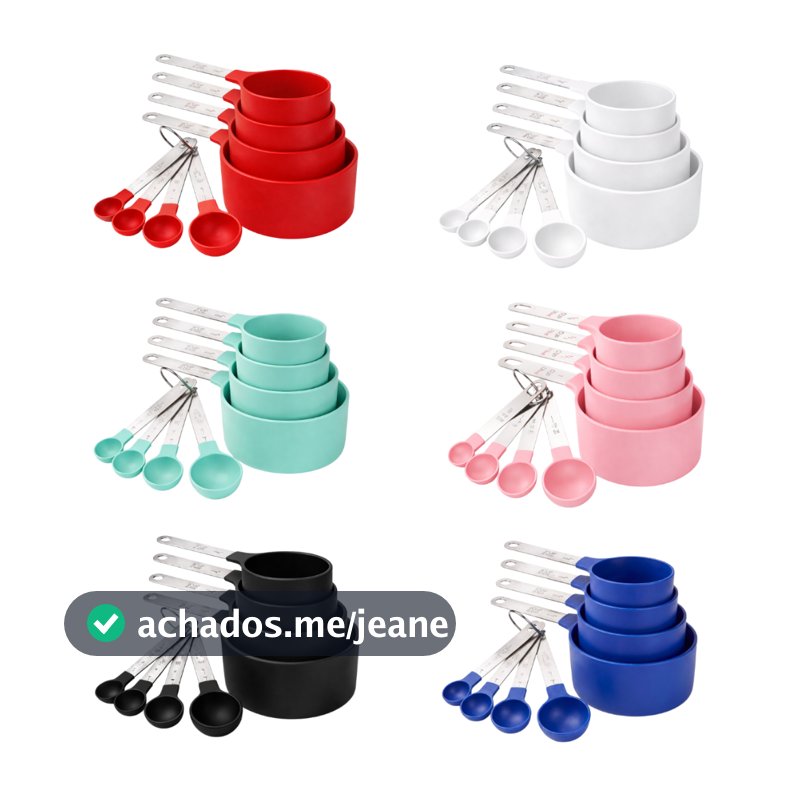 Symeon Kit 8 Peças Medidores Culinários Xícaras e Colheres Medidoras Copo Dosador Alça em Aço Inox Plástico BPA Free