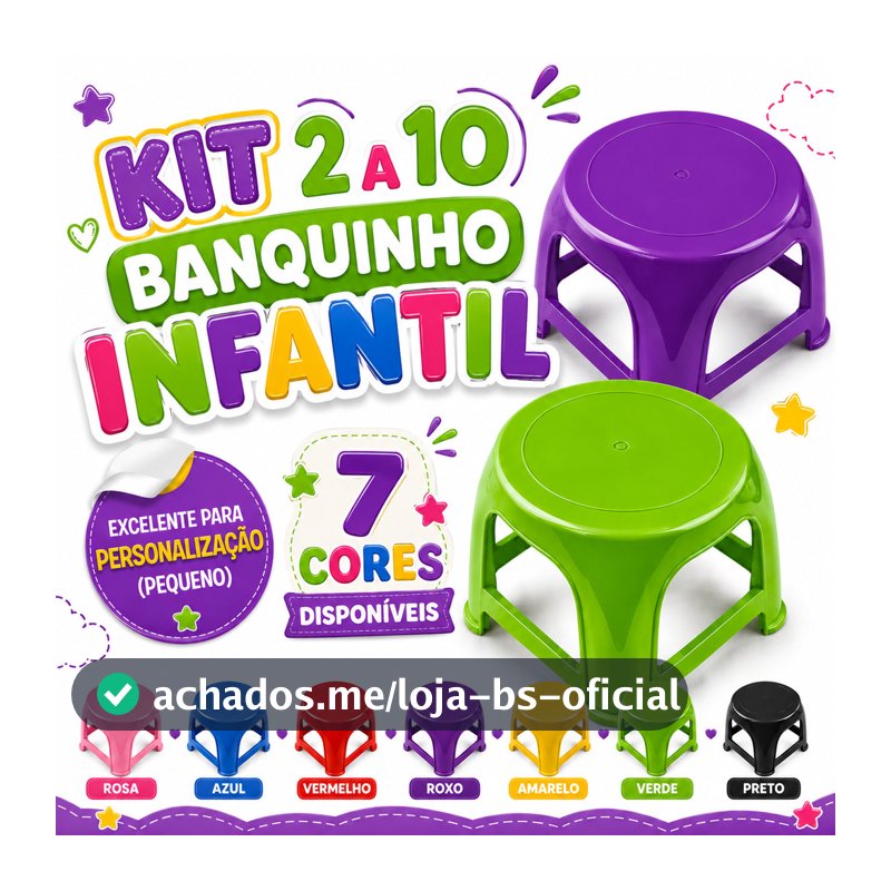Kit 10 Banqueta Infantil 18cm Plástico Reforçado Azul Rosa Banquinho Resistente Criança Até 25kg