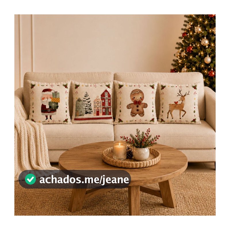 Kit 4 Capas de almofada Linho Natalinas Luxo Decoração de Natal Papai Noel Boneco de Neve Arvore 43x43cm