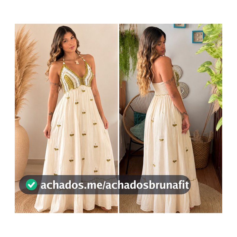Vestido Indiano longo ,Boho, alto luxo com croche,bordado de alça