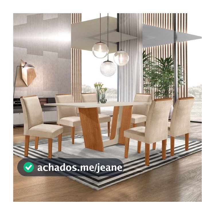 Conjunto Mesa de Jantar 6 Cadeiras MDF Plus 160x80cm Luisa Yescasa Off White Cinamomo Cinamomo/Off White/Suede Pena