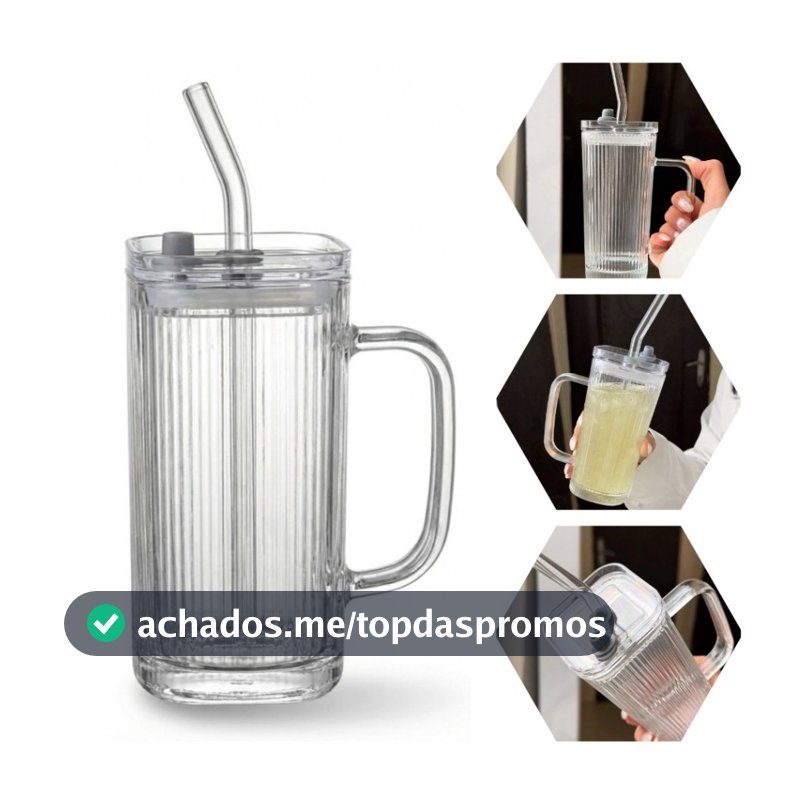 Copo de Vidro com Tampa e Canudo de Vidro 250ml Quadrado com Alça