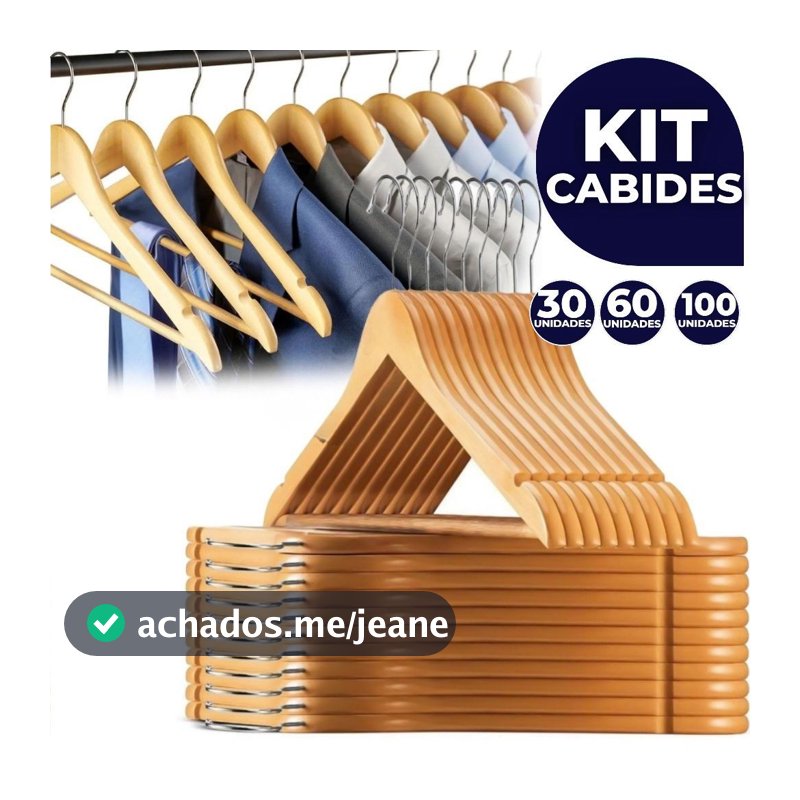 Kit Até 100 Cabides De Madeira Premium Marfim Para Roupas Calça Gancho Cromado