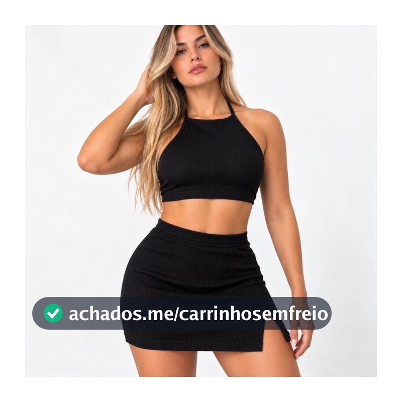 Conjunto Feminino Cropped Frente Única + Saia Curta Canelada com Fenda Lateral Cintura Alta