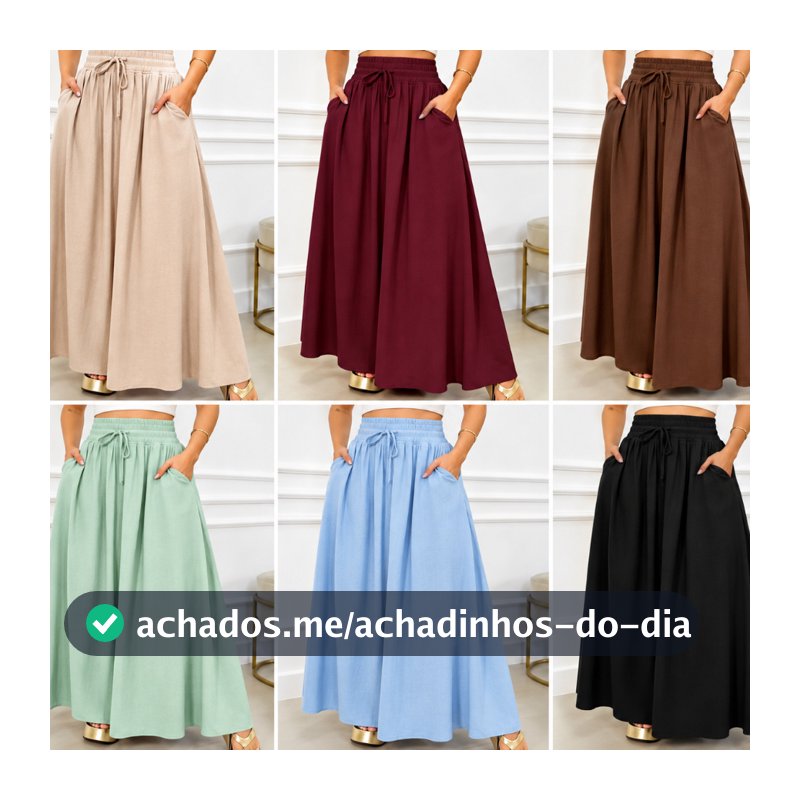 Saia Longa Viscolinho Premium Com Bolsos Com Fenda Lateral Forrada Moda Casual