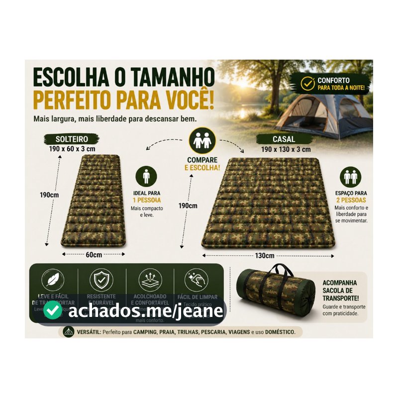Colchonete Solteiro Casal Camping 190x60CM Dobrável Com Sacola Transporte Praia Pesca Trilha Acampamento