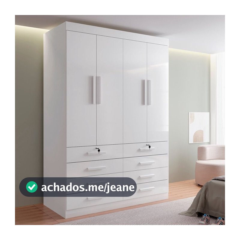 Guarda Roupa Solteiro 4 Portas 8 Gavetas Marselha Plus Branco Branco