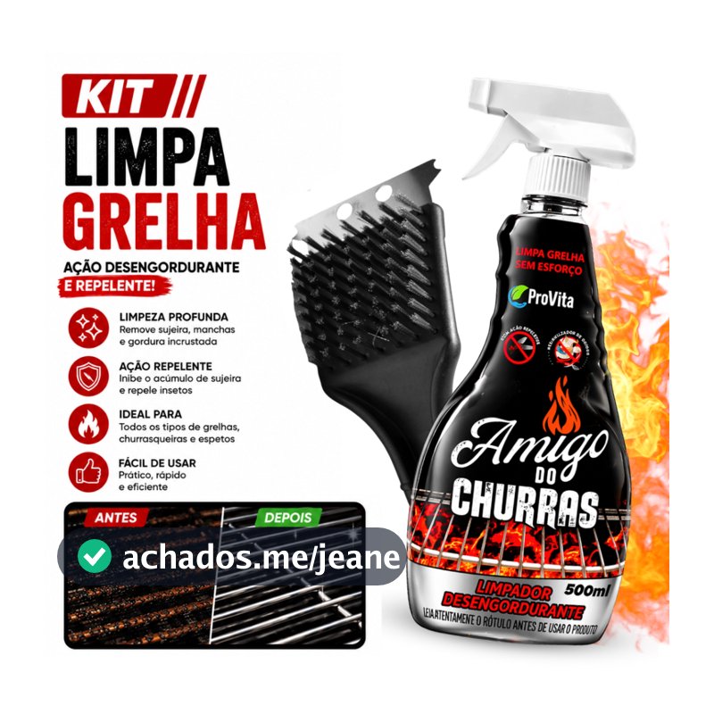 Kit Limpa Grelha Spray 500ml Desengordurante Remove Gordura + Escova Limpa Grelha Churrasqueira Fogão Grill Forno