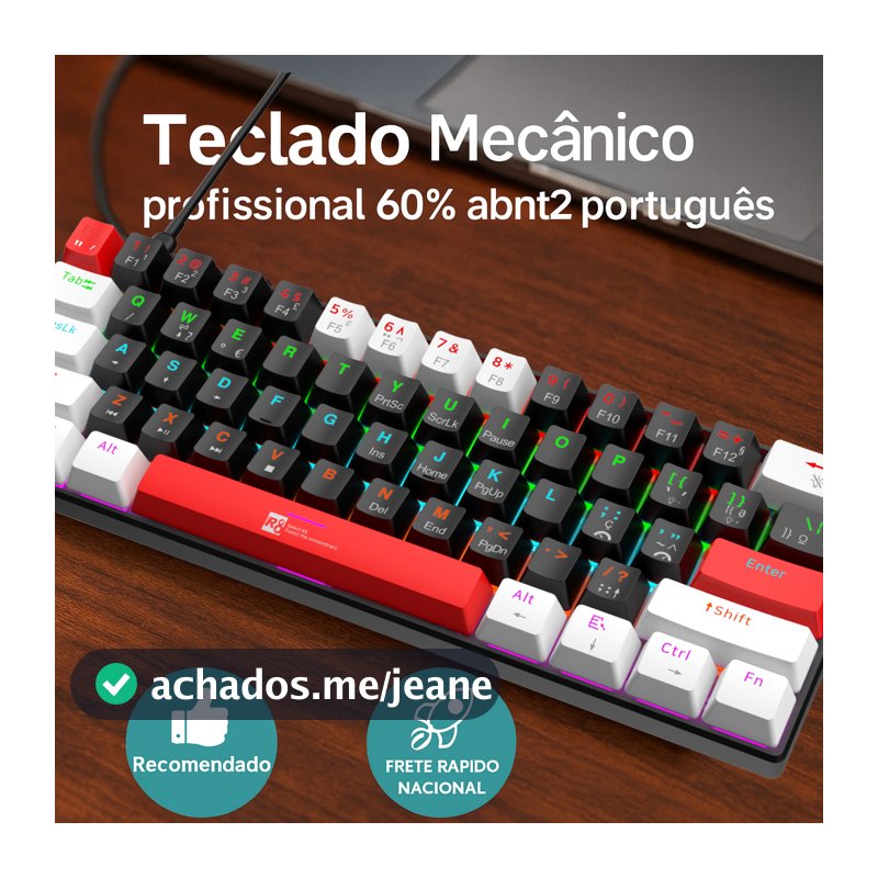Teclado Gamer Mecânico 60% Switch Azul Profissional Cabo Removível USB portugues ABNT2