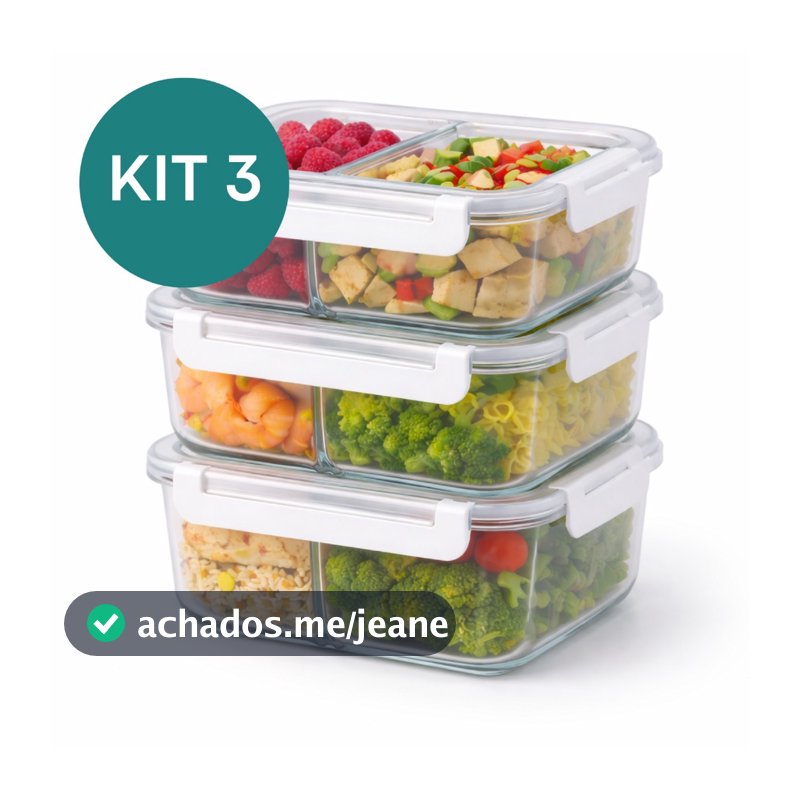 Kit 3 Potes 1040ml Refratário de Vidro com Divisória e Trava Marmita Fitness Forno Microondas