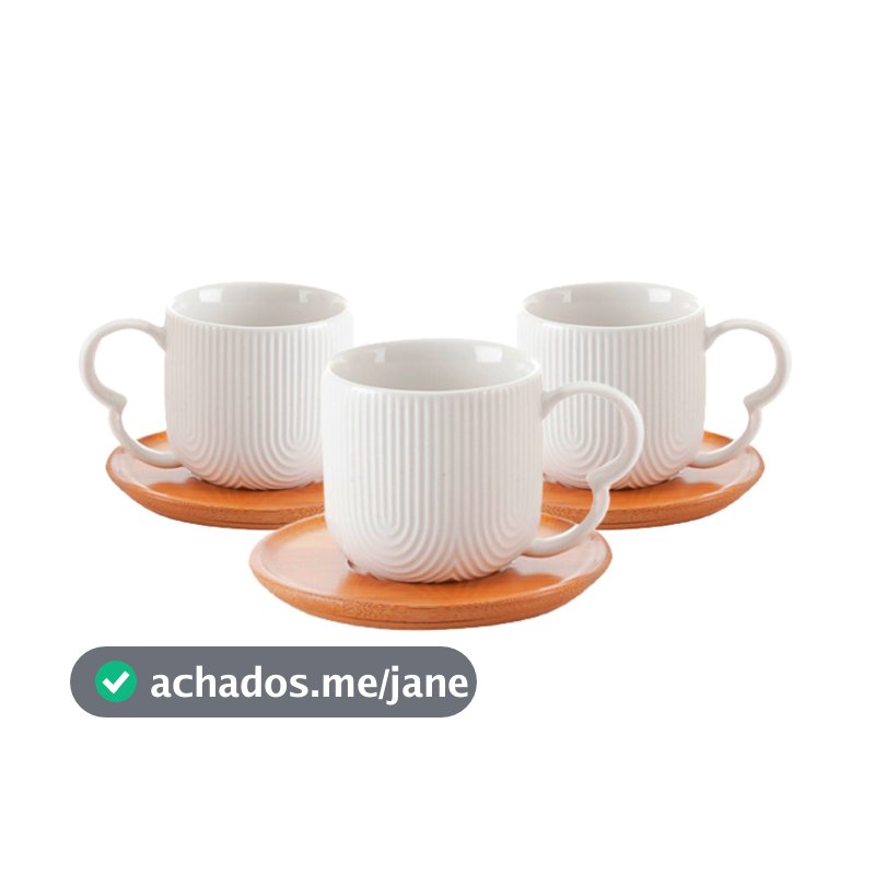 Jogo 4 Xícaras Porcelana Branco De Café Chá Com Pires de Bambu Madeira Oásis 90ml