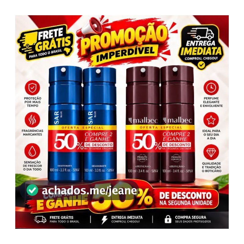 Kit 2 Desodorantes Colônia Masculino Quasar Blue e Malbec O Boticário 100ml Promoção 50% OFF