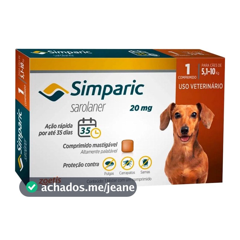 Simparic 20mg para de Cães 5,1 a 10kg - 1 Comp. - Zoetis
